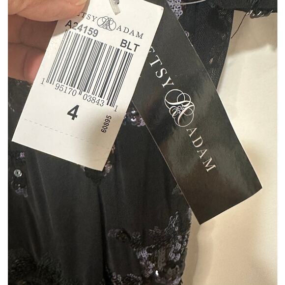 Betsy & Adam Black Floral Sequin Full Length Gown Size 4 NWT Teal Silver Roses - Picture 7 of 14